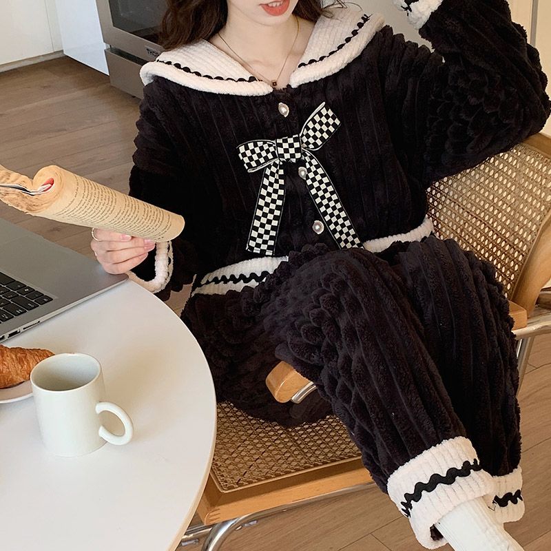 睡衣女秋冬季加厚加絨珊瑚絨甜美蝴蝶結2023新款法蘭絨家居服套裝