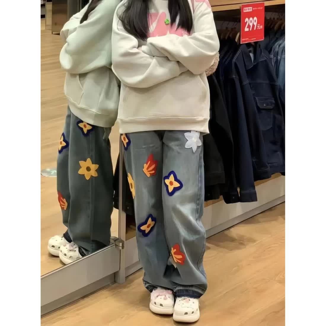 美式高街刺繡直筒牛仔褲男女春秋新款寬鬆潮牌設計感小眾闊腿長褲