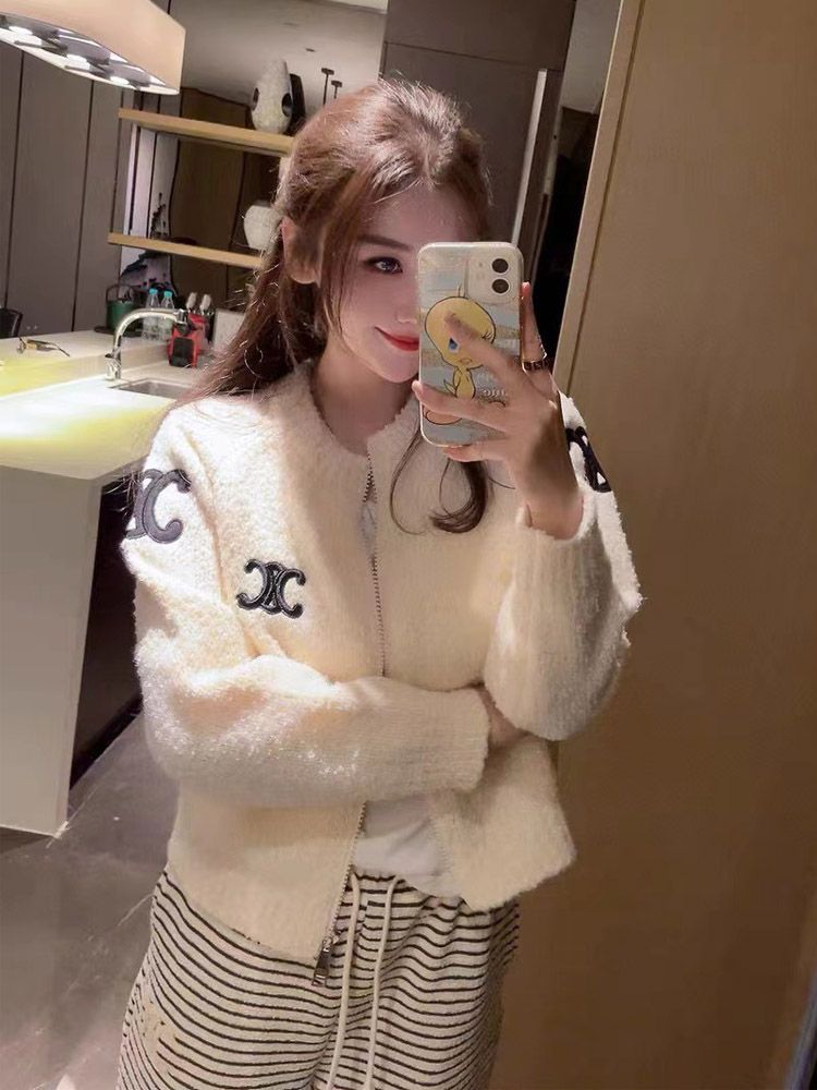 凱旋門刺繡針織衫毛衣女秋冬新款小香風氣質軟糯拉鏈開衫外套
