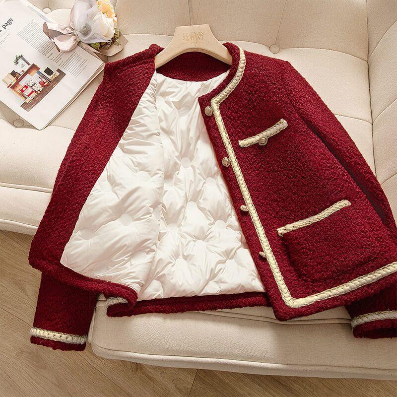 Burgundy small fragrant cotton jacket for women 2023 French lady temperament high-end design long-sleeved top for women