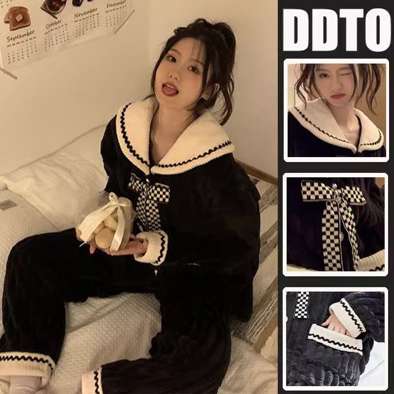 睡衣女冬天法蘭絨公主風娃娃領加絨加厚黑色珊瑚絨可出門冬季套裝