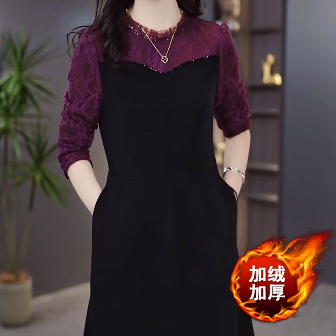 鈎花刺繡加絨加厚連衣裙2023新款秋冬女時尚高檔氣質假兩件套裙子