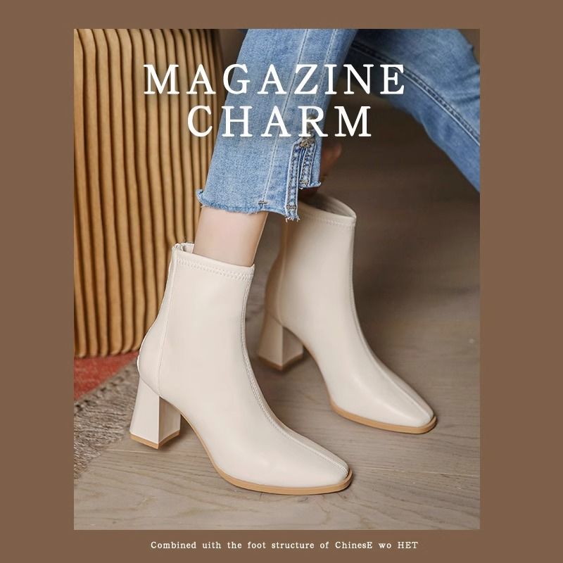 Off-white high-heeled boots for women, thick-heeled fashion boots, this year's popular boots, slim fashion boots, pointed-toe short boots for women