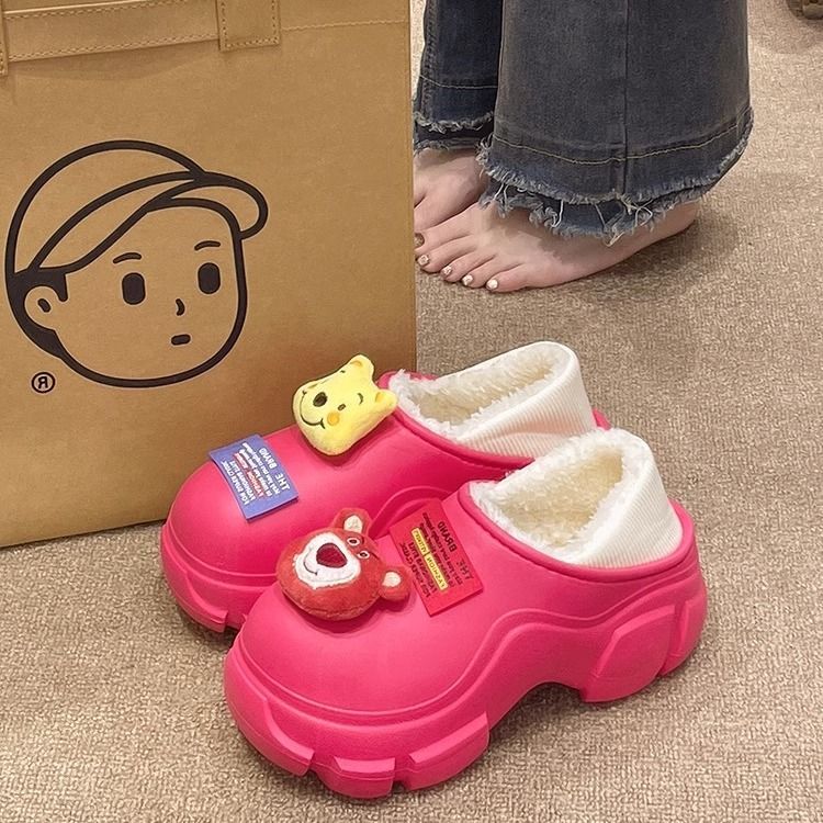 Thick-soled height-increasing cotton slippers for women, winter cute bear waterproof indoor and outdoor wear plus velvet warm half-heel cotton shoes