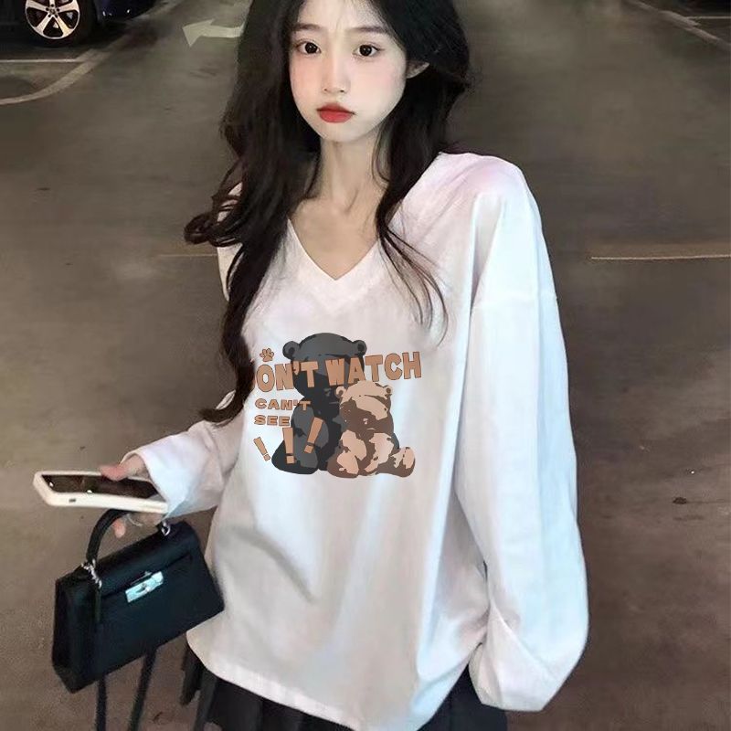 v領白色內搭韓版t恤女印花寬鬆長袖秋冬新款慵懶風顯瘦氣質上衣女