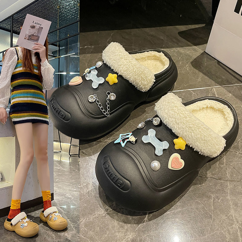 Plush velvet warm clogs for winter outer wear thick soles heightening cute cartoon toe slippers for women thickened non-slip cotton shoes