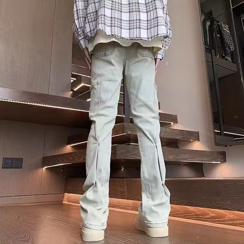 美式復古vibe褲子高街水洗黃泥色牛仔褲男直筒修身伐木工裝微喇褲