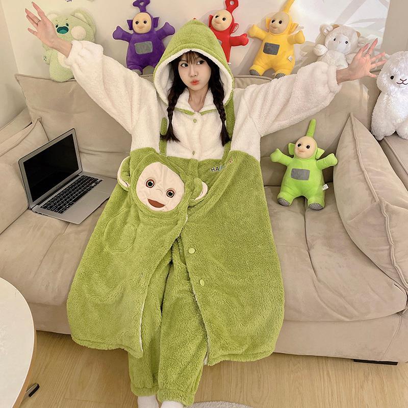 卡通珊瑚絨睡衣女冬季加厚保暖休閒舒適法蘭絨睡袍外穿家居服套裝