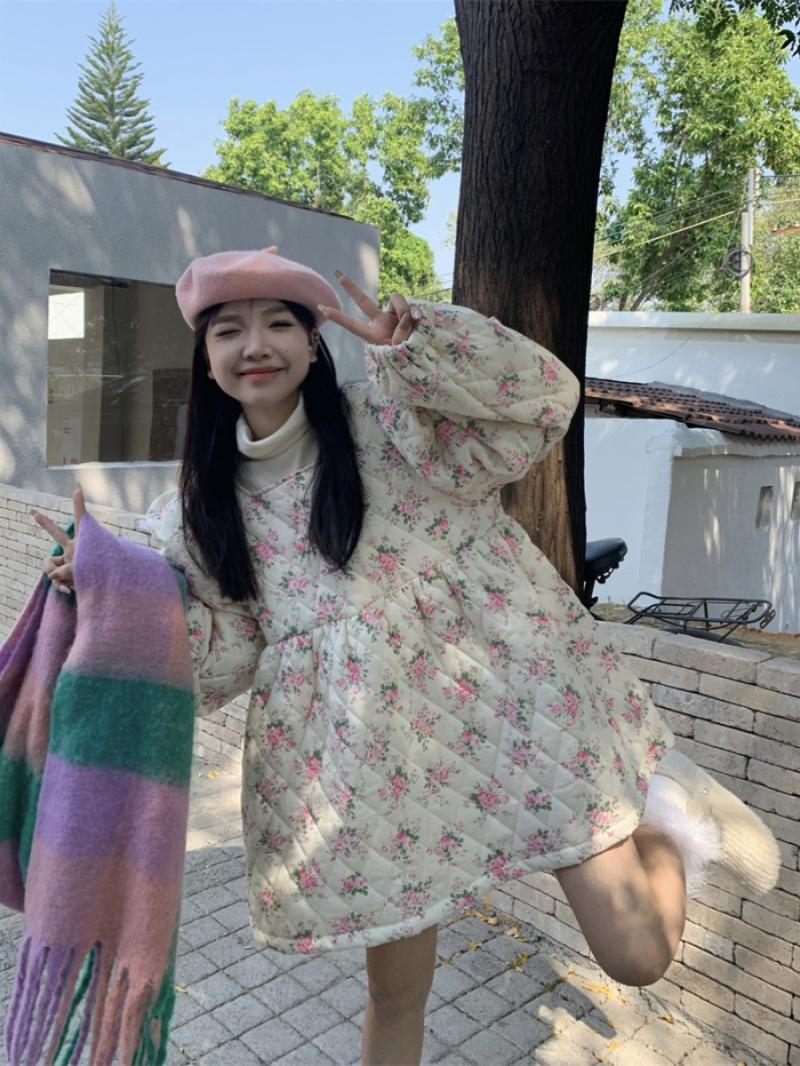 韓系甜美碎花棉服女秋冬網紅新款寬鬆減齡中長款長袖上衣ins潮流