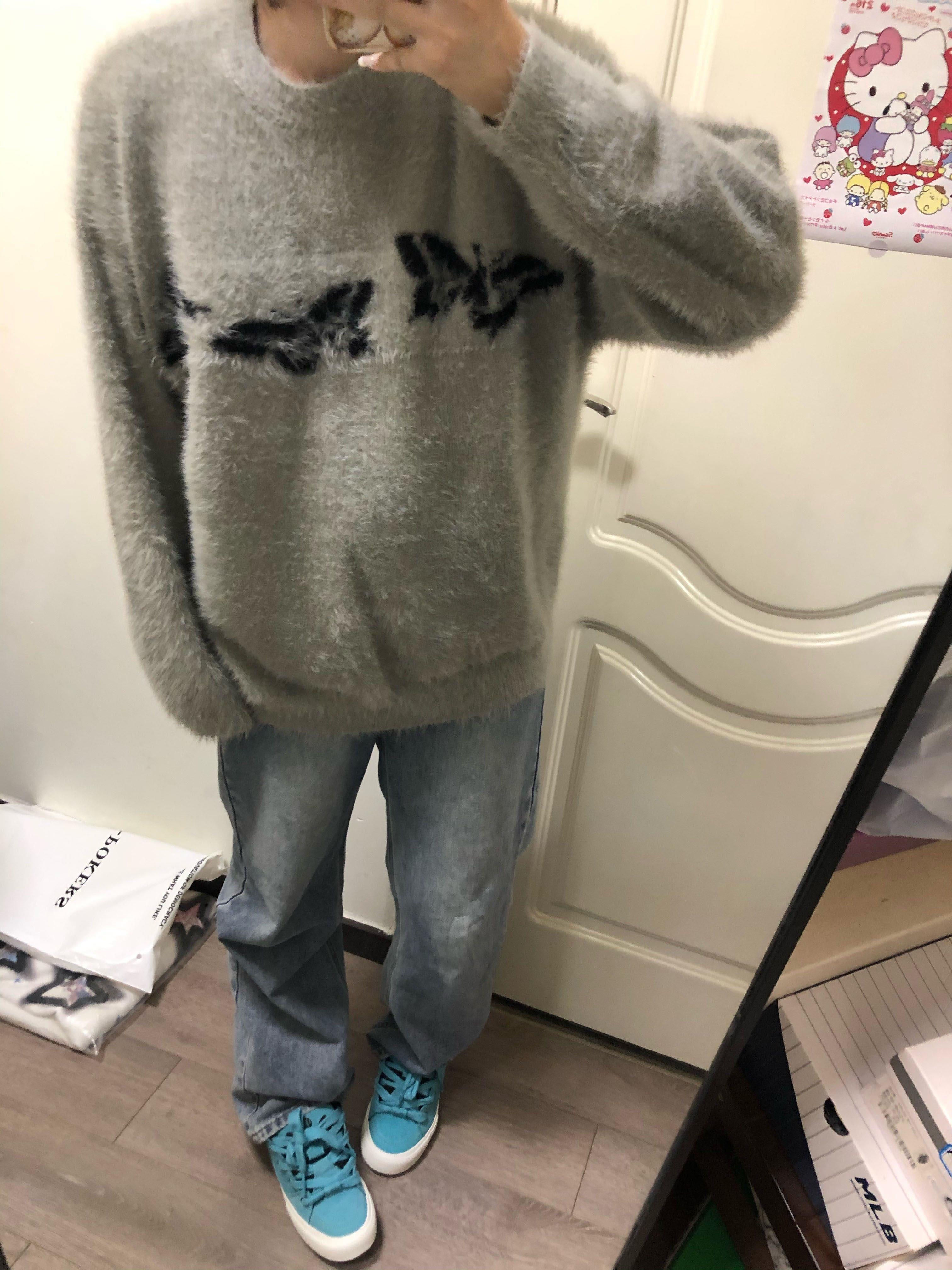 美式復古小眾高級感原創蝴蝶提花毛衣男女秋冬仿貂毛軟糯針織衫潮