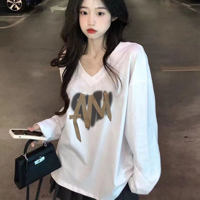 v領白色內搭韓版t恤女印花寬鬆長袖秋冬新款慵懶風顯瘦氣質上衣女