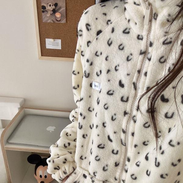 網紅睡衣女秋冬季加厚牛奶絨高級感豹紋拉鏈運動可外穿家居服套裝