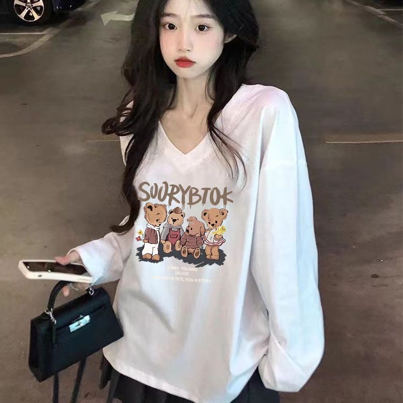 v領白色內搭韓版t恤女印花寬鬆長袖秋冬新款慵懶風顯瘦氣質上衣女
