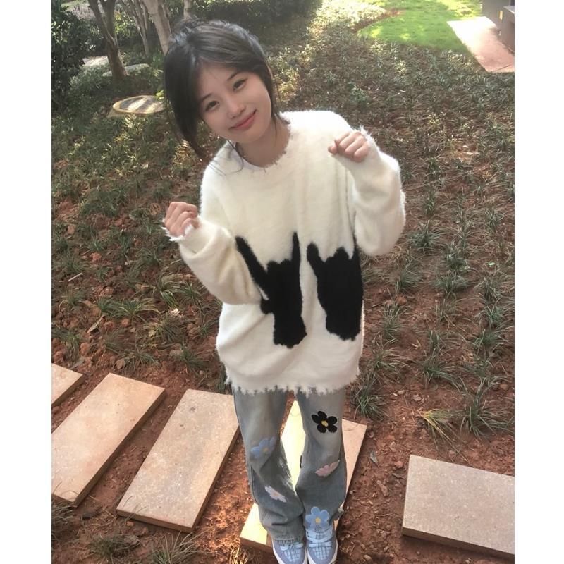 國潮美式高街破洞慵懶風情侶毛衣男女秋冬季新款軟糯針織圓領上衣