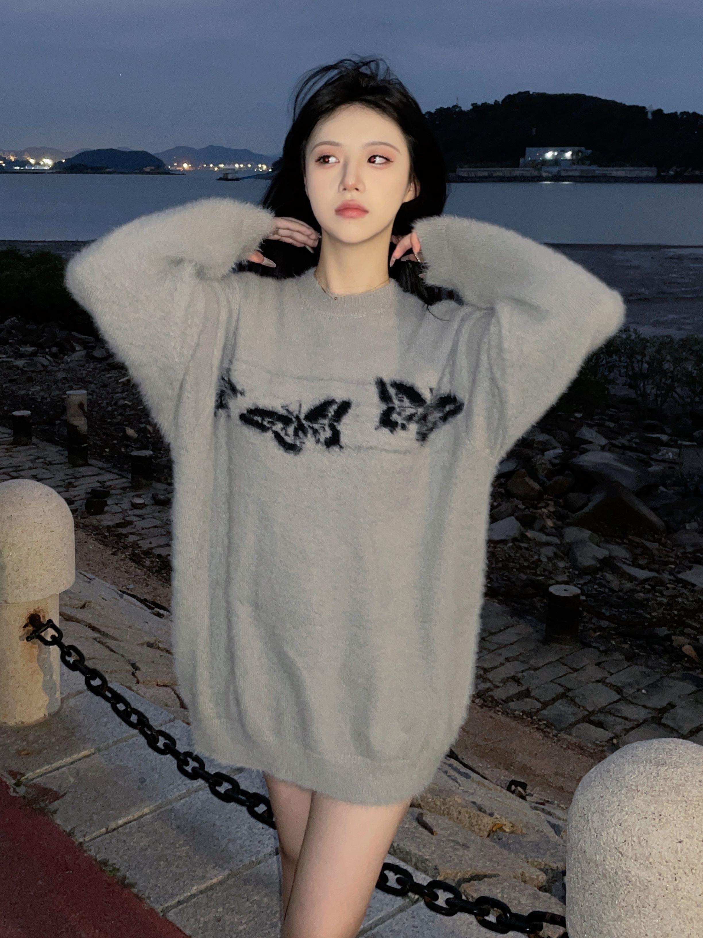 美式復古灰色蝴蝶提花毛男衣女秋冬季潮牌仿貂毛軟糯寬鬆針織上衣