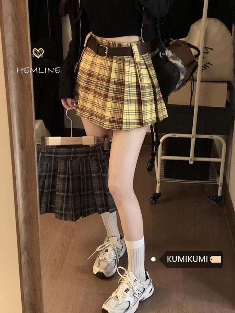 小個子美式jk復古格子裙半身裙女秋季高腰百褶裙A字裙短裙子ins