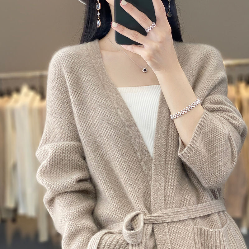 2024年秋冬高級感毛衣開衫外套女無扣系帶寬鬆慵懶風百搭針織外套
