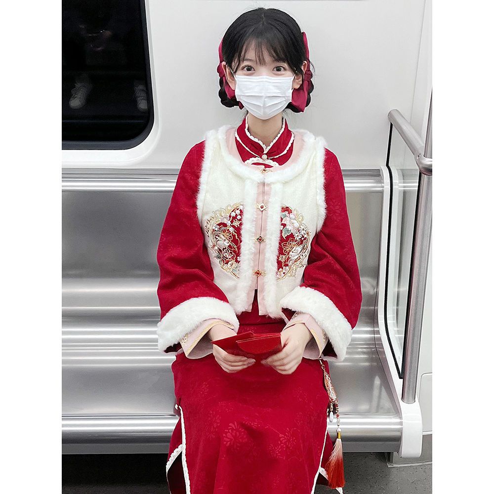 新中式国风长袖旗袍连衣裙女秋冬红色订婚礼服新娘回门裙两件套装