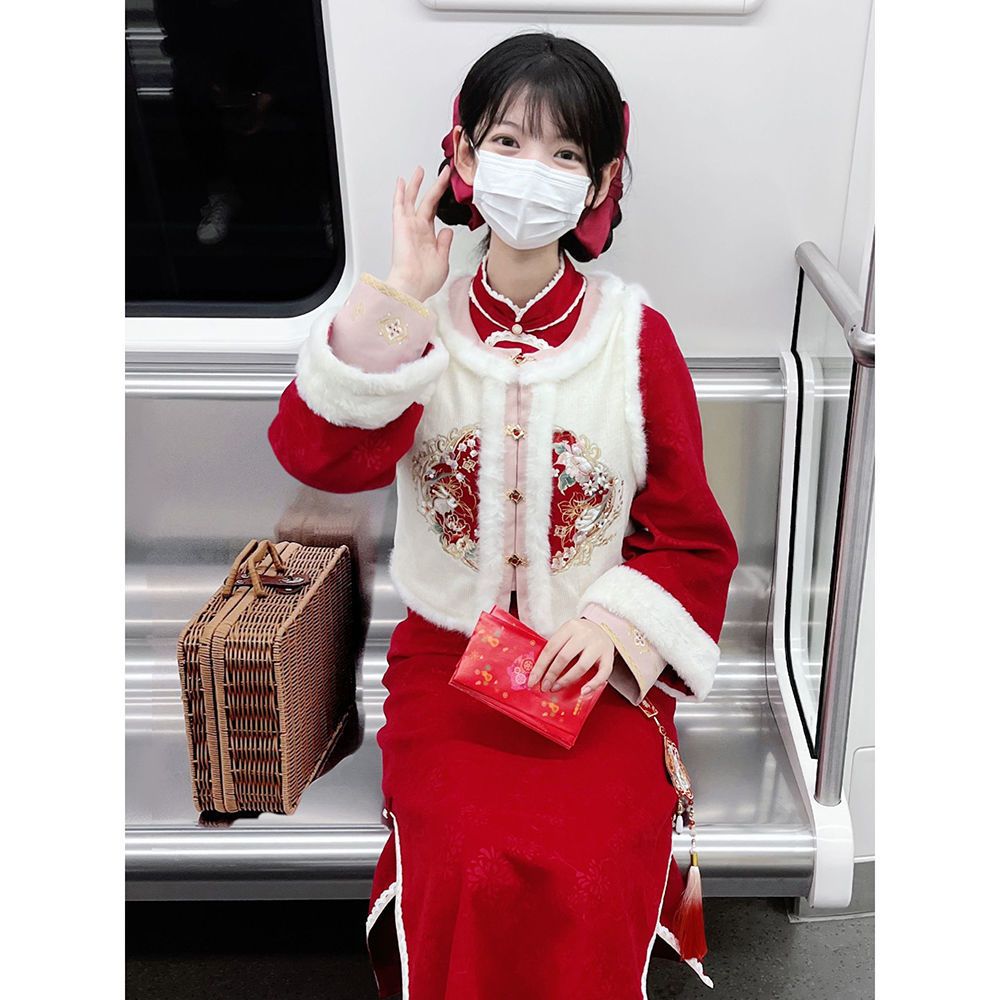 新中式国风长袖旗袍连衣裙女秋冬红色订婚礼服新娘回门裙两件套装