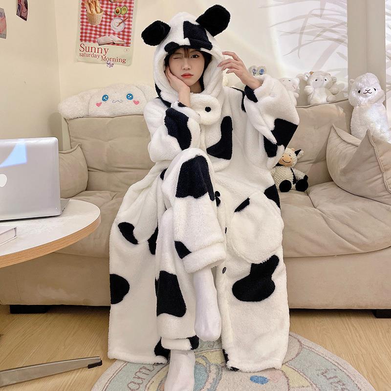 奶牛珊瑚絨睡衣女秋冬季加絨加厚睡袍可愛保暖法蘭絨冬天款家居服