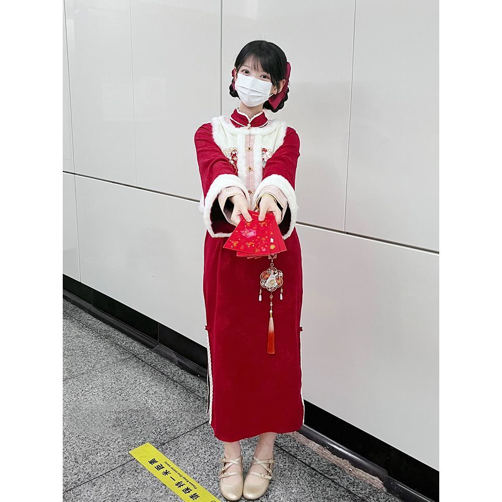 新中式国风马甲改良旗袍套装两件套冬季款拜年款气质汉服裙子