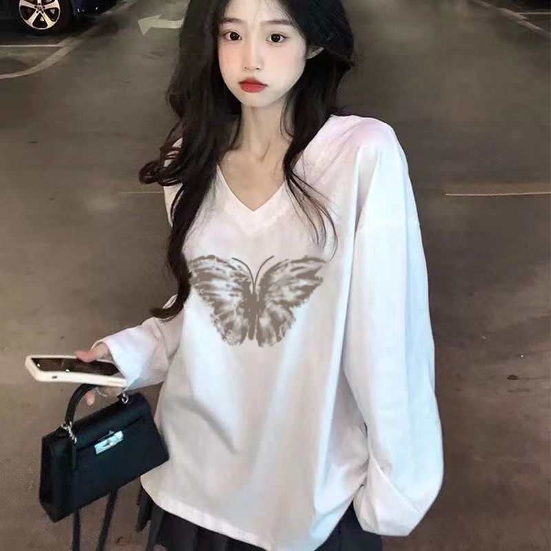 v領白色內搭韓版t恤女印花寬鬆長袖秋冬新款慵懶風顯瘦氣質上衣女