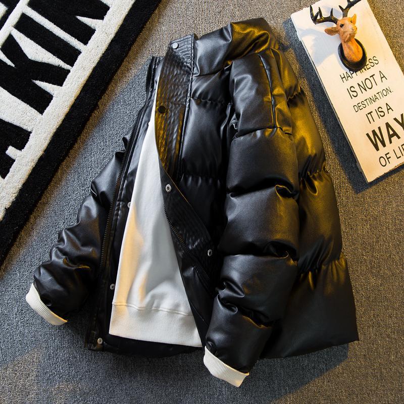 Paul trendy retro black PU leather cotton coat for men in winter thickened stand-up collar handsome short cotton coat windproof leather jacket