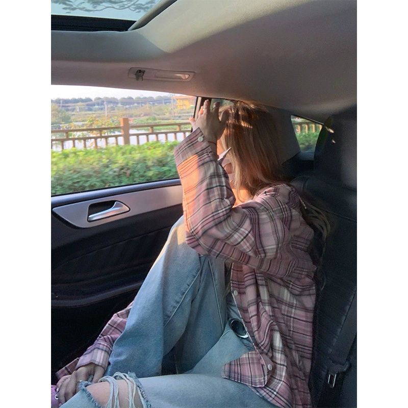 高檔氣質外穿長袖格子印染襯衫女ins風百搭休閒POLO領秋裝襯衣服