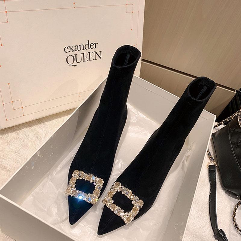 French pointed high-heeled slim boots for women 2023 autumn and winter new style plus velvet rhinestone bow stiletto heel elastic sock boots