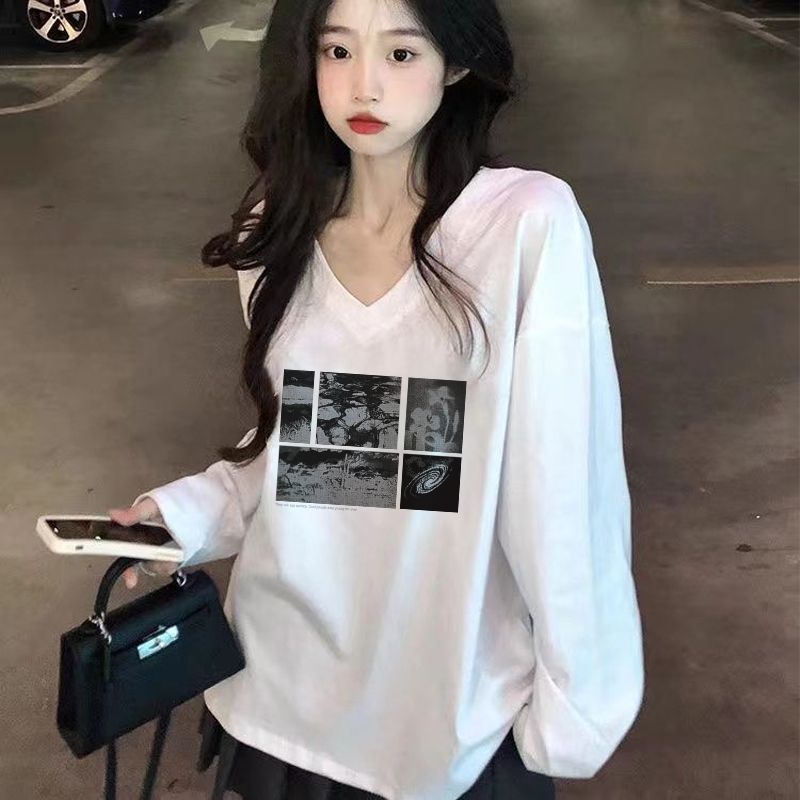 v領白色內搭韓版t恤女印花寬鬆長袖秋冬新款慵懶風顯瘦氣質上衣女