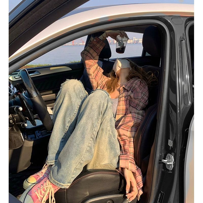 外穿長袖韓版格子襯衫ins風寬鬆氣質POLO領休閒秋裝薄款襯衣外套