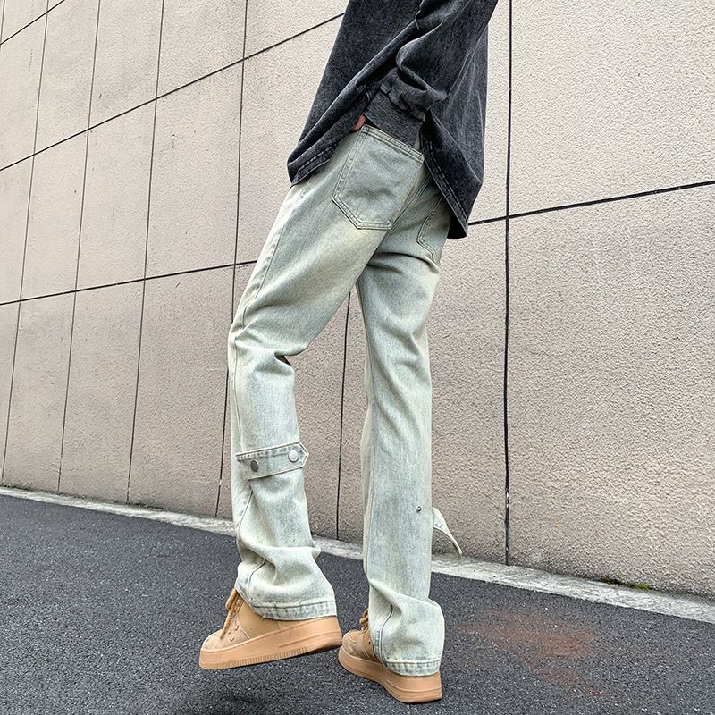 黄泥色牛仔裤男秋季美式高街微喇叭裤设计感高级潮流修身直筒裤子