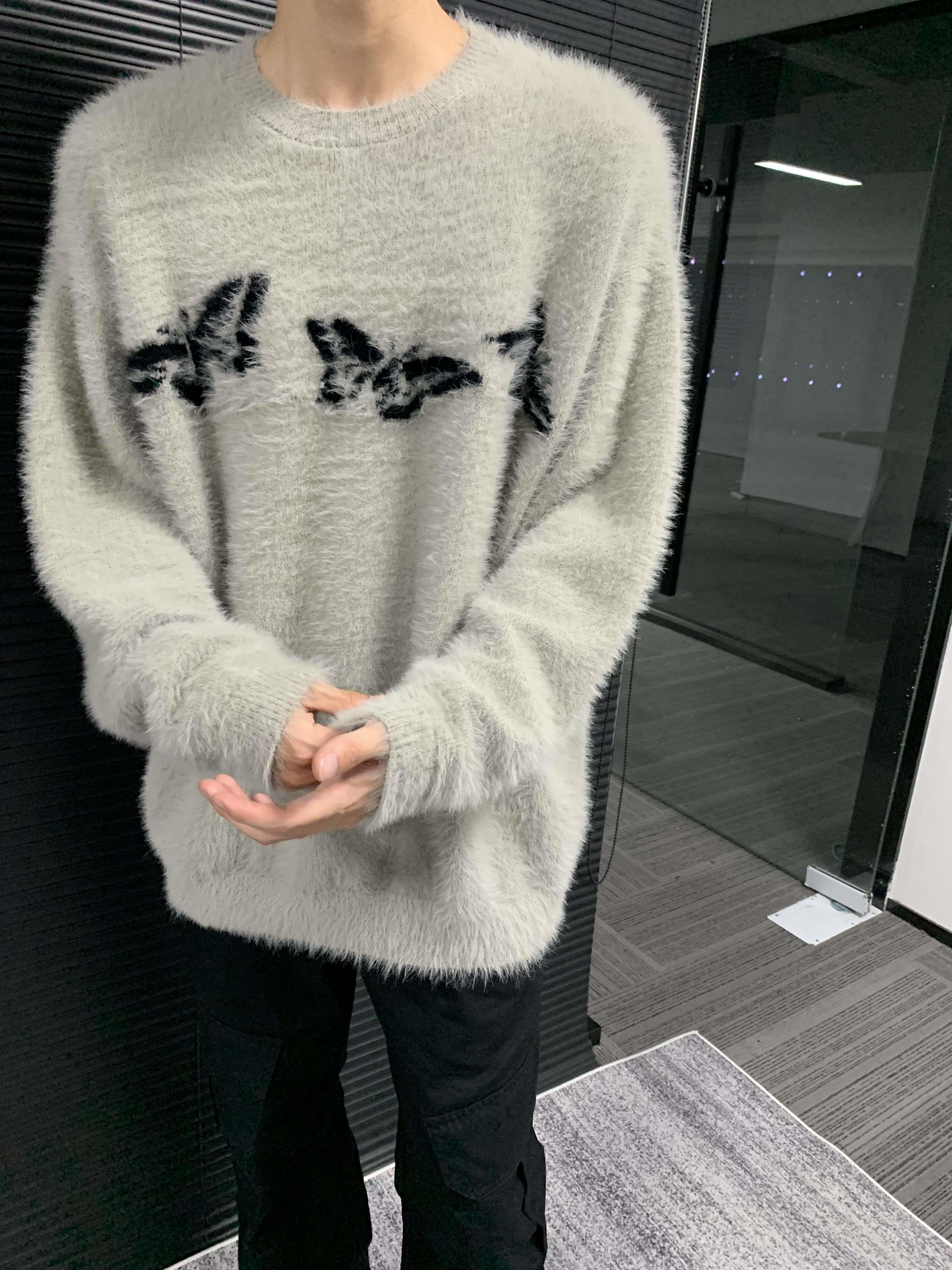 國潮高街小眾高級感原創蝴蝶提花毛衣男女秋冬美式復古軟糯針織衫