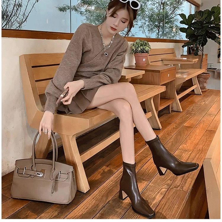 Brown trendy short boots for women with high heel, thick heel and zipper square toe  new winter Korean style elastic slim boots