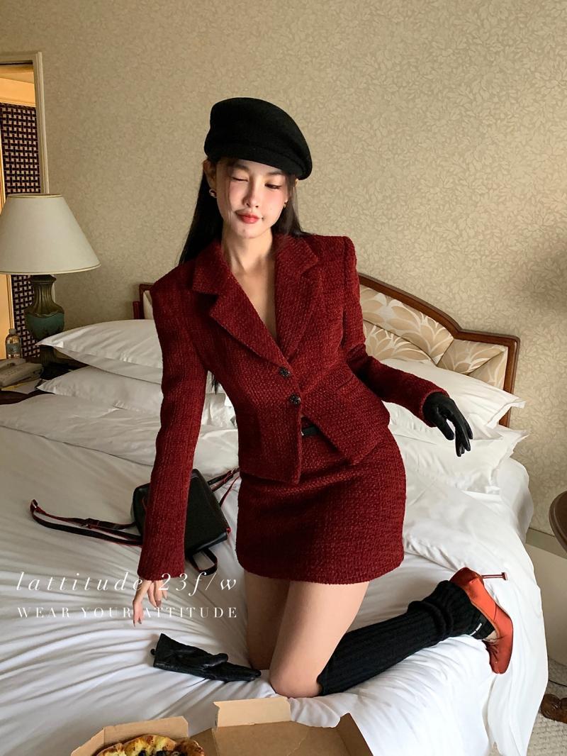 聖誕過年小香風紅色套裝裙女冬季復古小眾短款西裝外套包臀裙套裝