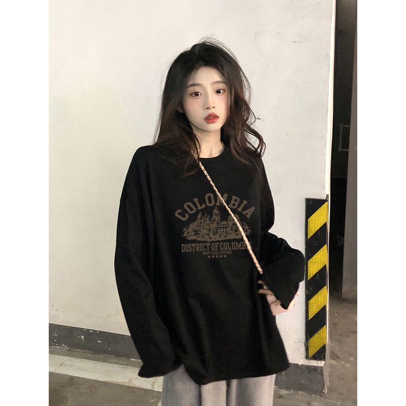 100%純棉長袖t恤女春秋季2023新款韓版寬鬆百搭內搭上衣ins打底衫