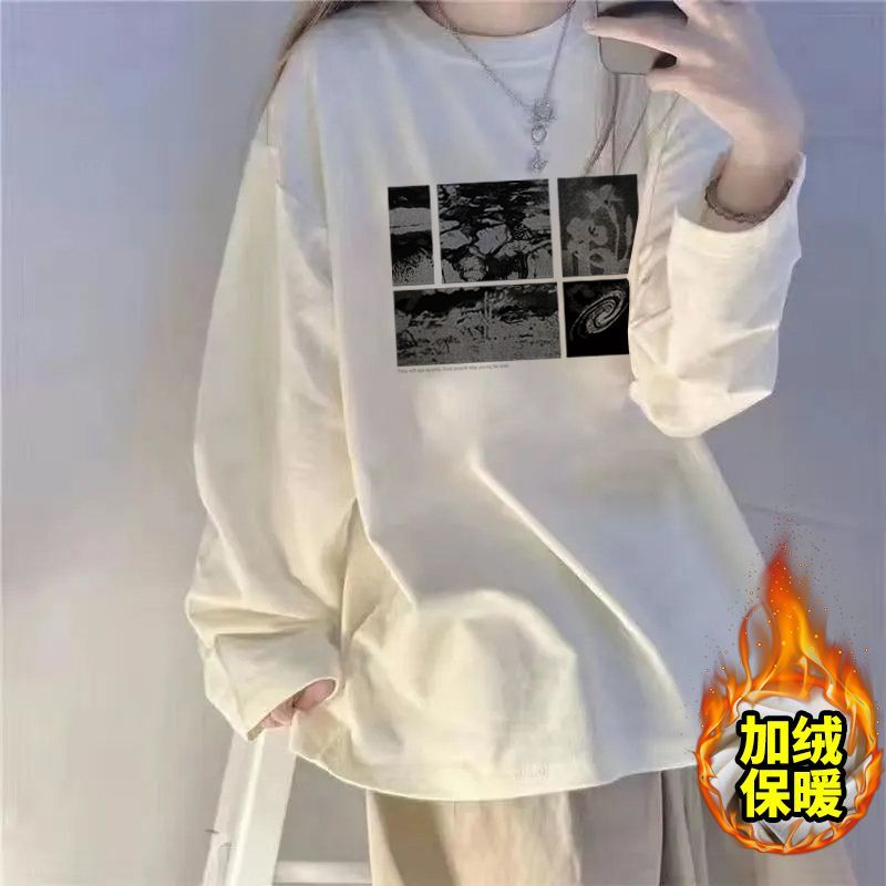 白色長袖t恤純棉寬鬆加絨打底衫女內搭大碼上衣秋季2023新款女裝