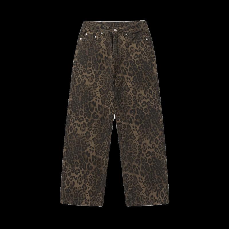 New American heavyweight retro versatile ins leopard print straight jeans for men and women vintage loose casual pants