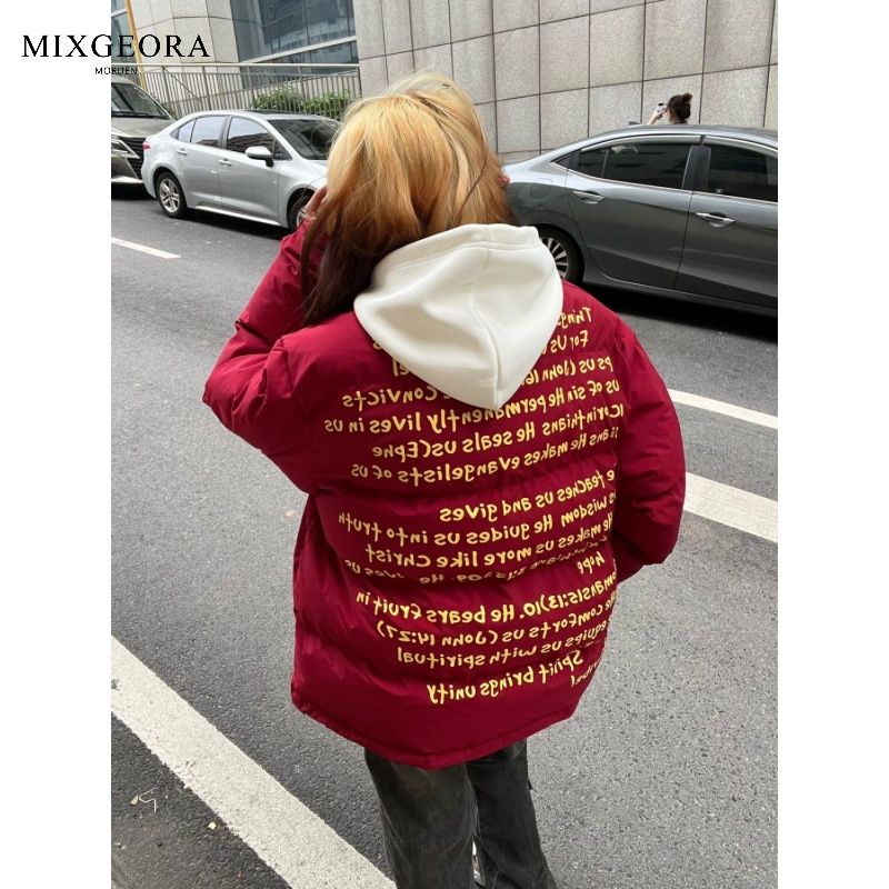 MIX GEORA冬季美式字母印花棉衣棉服男女立領加厚保暖麵包服外套