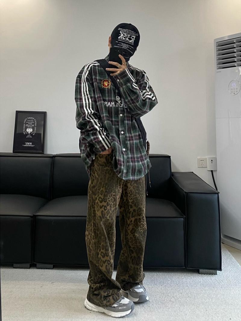 American retro washed heavyweight Maillard wear leopard print overalls men's straight loose casual denim trousers trendy