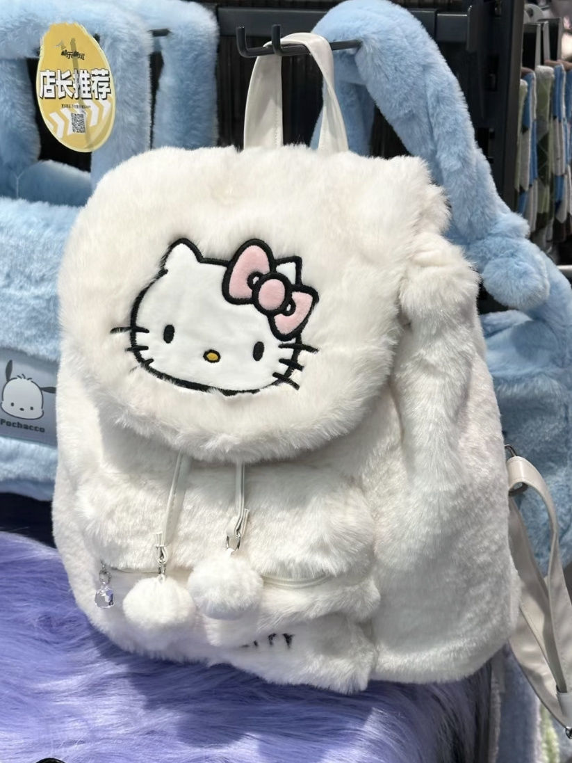Sanrio Plush Flip Backpack Women's Casual 2023 New Large Capacity Cute School Bag Backpack