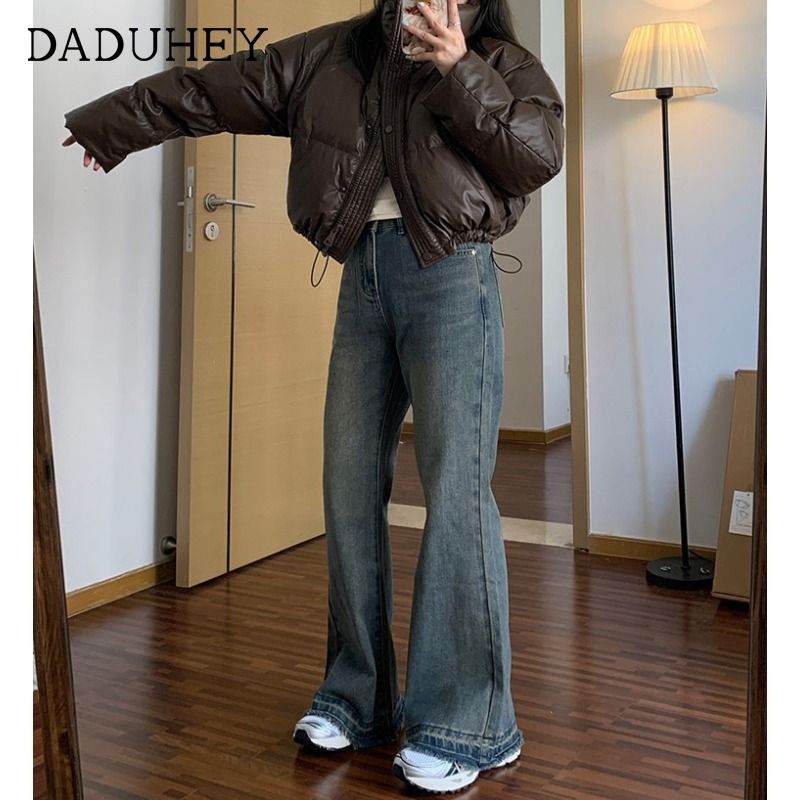 美式復古微喇叭牛仔褲女秋冬寬鬆高腰顯瘦小個子拖地直筒微喇長褲