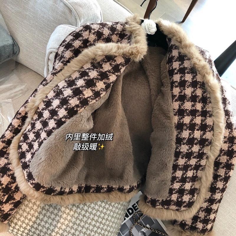 小香風千鳥格羊毛呢外套女冬季新款加絨加厚保暖真毛邊格子大衣潮