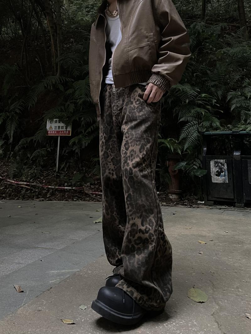 Autumn and winter new American high street retro Maillard leopard print jeans straight loose men's vintage casual pants
