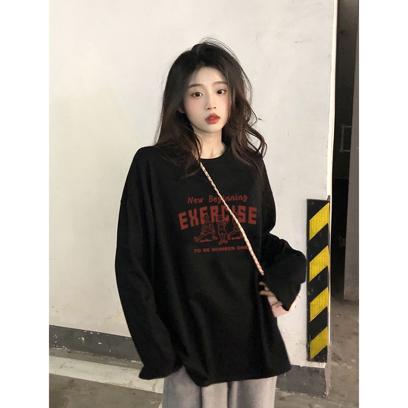 100%純棉長袖t恤女春秋季2023新款韓版寬鬆百搭內搭上衣ins打底衫