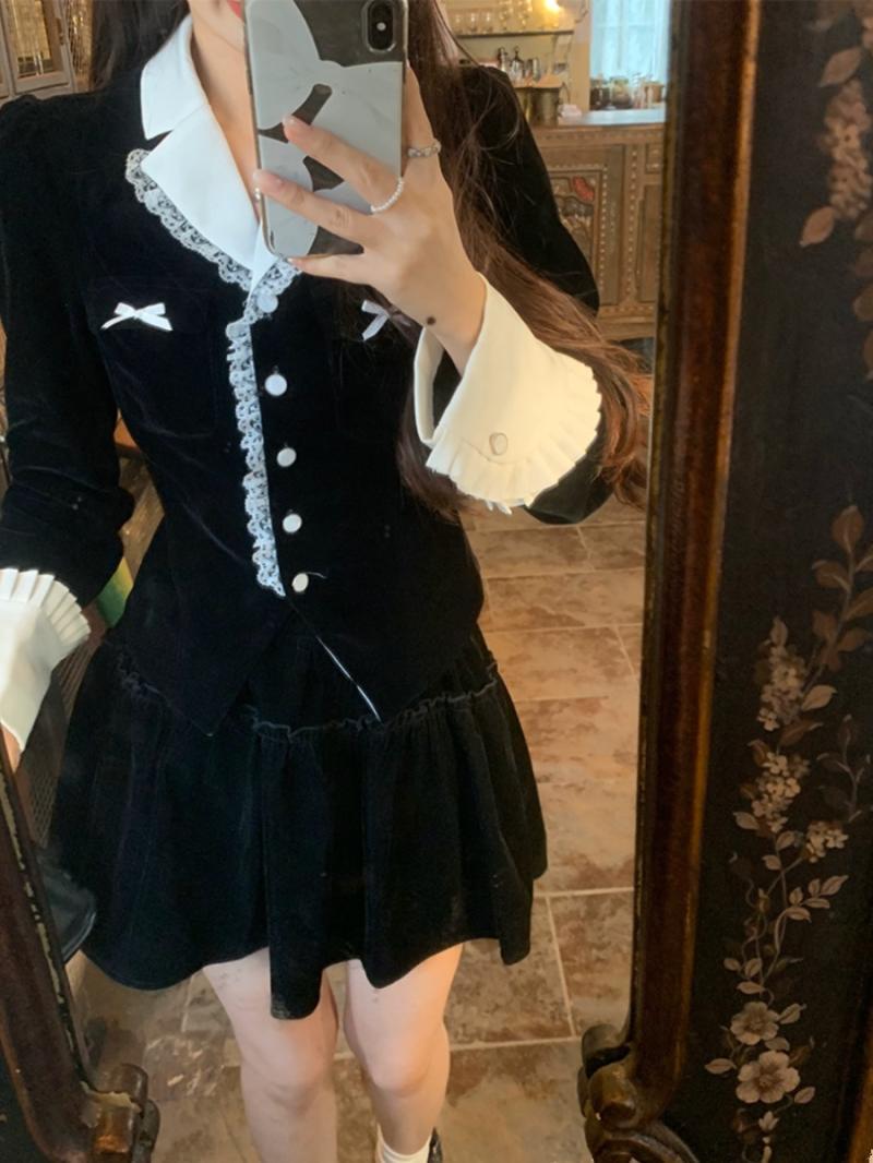 秋冬新款法式赫本風套裝裙氣質名媛風絲絨西裝上衣半身裙兩件套裝