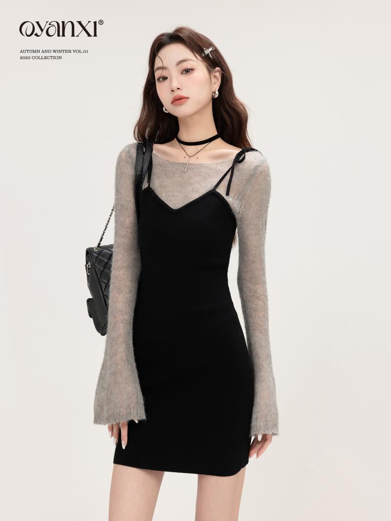 法式赫本風套裝女春秋款時尚高級小眾純欲風打底衫吊帶連衣裙套裝