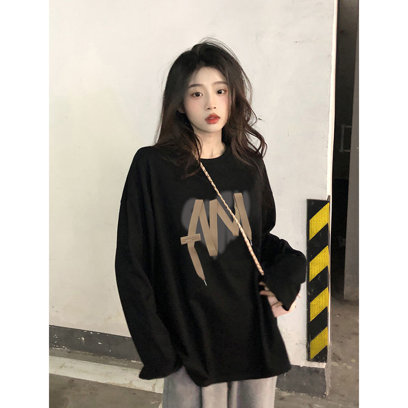 100%純棉長袖t恤女春秋季2023新款韓版寬鬆百搭內搭上衣ins打底衫