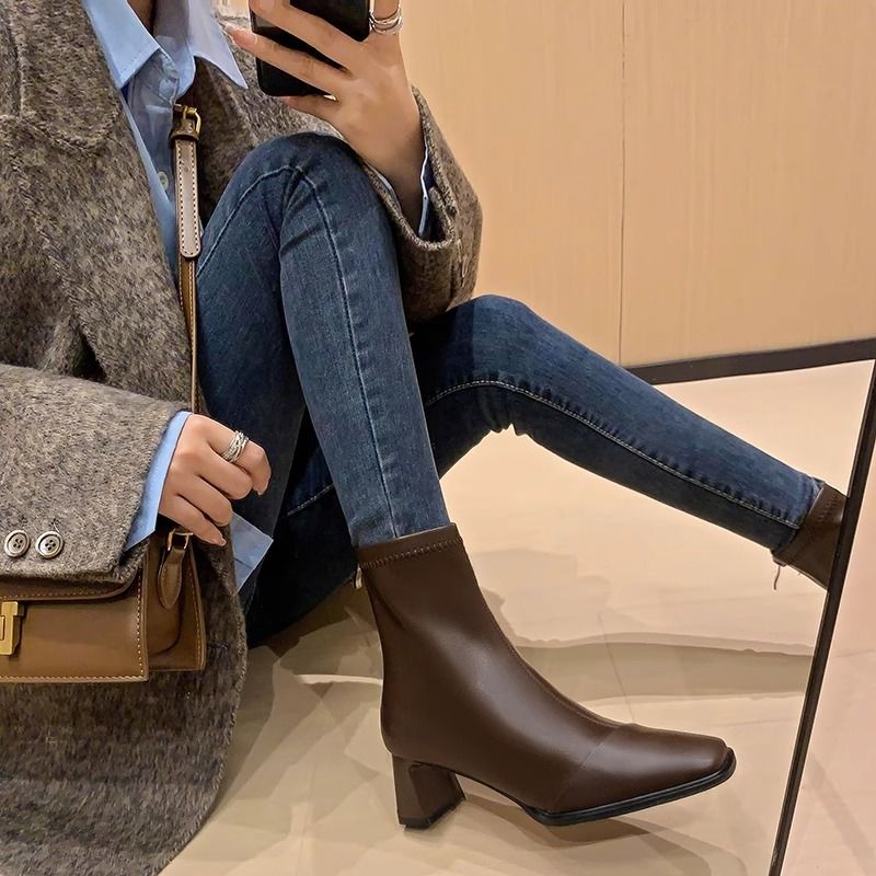 Elegant high-end women's boots  autumn and winter new casual thick heel French square toe elastic slim boots high heel short boots