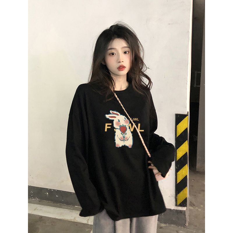 100%純棉長袖t恤女春秋季2023新款韓版寬鬆百搭內搭上衣ins打底衫